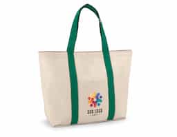 Sacola 100% algodão canvas (280 g/m²) com bolso frontal e bolso interior com zíper. A sacola contém fecho magnético e alças de 60 cm. 530 x 380 x 170 mm