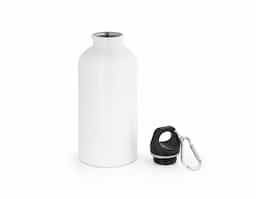Squeeze esportiva em alumínio com acabamento brilhante, com mosquetão para facilitar o transporte. Capacidade até 400 mL. Certificação EU Food Grade. ø66 x 176 mm