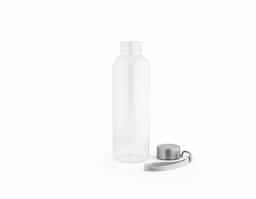 Squeeze em rPET 100% reciclado e tampa em aço inox, com pega em corda para facilitar o transporte. Capacidade até 580 mL. Caixa branca 94656 vendida opcionalmente. Certificação EU Food Grade. ø65 x 210 mm