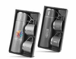 Garrafa térmica em aço inox com capacidade de até 500ml.  Acompanha 3 copos térmicos, um deles já acoplado na garrafa, como tampa.