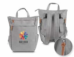 Mochila funcional em poliéster e couro sintético com alça de ombro, dois bolsos frontais com zíper e dois bolsos laterais.
