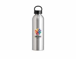 Garrafa de alumínio com capacidade de 630ml. Conta com uma tampa plástica rosqueável e alça integrada, facilitando o transporte. Ideal para uso diário e atividades ao ar livre.