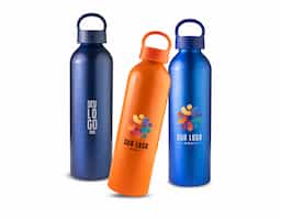 Garrafa de alumínio com capacidade de 630ml. Conta com uma tampa plástica rosqueável e alça integrada, facilitando o transporte. Ideal para uso diário e atividades ao ar livre.
