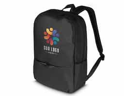 Mochila para notebook em tecido poliéster e detalhe em PU, compartimento interno para notebook de até 15,6", engate para mala de viagem, dois bolsos laterais e bolso frontal com zíper.