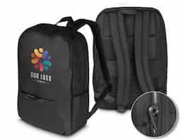 Mochila para notebook em tecido poliéster e detalhe em PU, compartimento interno para notebook de até 15,6", engate para mala de viagem, dois bolsos laterais e bolso frontal com zíper.