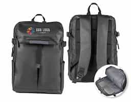 Mochila para Notebook em PU com alças de mão e de ombro acolchoadas, garantindo conforto no uso. Possui engate traseiro para fixação em malas de viagem, além de bolsos frontal e lateral para armazenamento de itens menores. O compartimento interno é adequado para notebooks de até 15,6 polegadas, proporcionando segurança e organização.