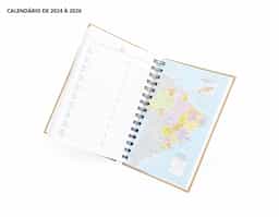 Agenda diária 2025 com espiral, material kraft, capa dura. Contém páginas de dados pessoais, calendário 2024 a 2025, orçamento pessoal, anotações, mapa do Brasil, mapa da América do Sul, mapa da América do Norte, mapa Mundi, mapa da Europa, mapa da África, mapa da Ásia, índice telefônico e planejamento.