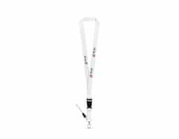 Cordão de pescoço feito em poliéster, medindo 20 x 530 mm, ideal para uso diário. Possui um mosquetão em metal, que garante segurança na fixação de objetos. A fivela removível permite ajustar o comprimento conforme necessário, enquanto a fita para celular proporciona praticidade, facilitando o transporte do dispositivo. Uma opção funcional e durável para diversas situações.