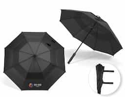 Guarda-chuva em 100% poliéster reciclado 190T (100% rPET), com varetas em fibra de vidro e pega em ABS reciclado. Guarda-chuva com abertura automática e à prova de vento. Fornecido em bolsa de poliéster reciclado. ø1055 x 840 mm