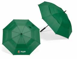 Guarda-chuva em 100% poliéster reciclado 190T (100% rPET), com varetas em fibra de vidro e pega em ABS reciclado. Guarda-chuva com abertura automática e à prova de vento. Fornecido em bolsa de poliéster reciclado. ø1055 x 840 mm