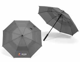 Guarda-chuva em 100% poliéster reciclado 190T (100% rPET), com varetas em fibra de vidro e pega em ABS reciclado. Guarda-chuva com abertura automática e à prova de vento. Fornecido em bolsa de poliéster reciclado. ø1055 x 840 mm