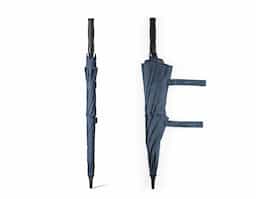 Guarda-chuva em 100% poliéster reciclado 190T (100% rPET), com varetas em fibra de vidro e pega em ABS reciclado. Guarda-chuva com abertura automática e à prova de vento. Fornecido em bolsa de poliéster reciclado. ø1055 x 840 mm