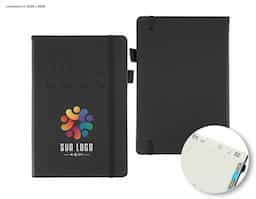 Agenda 2026 com capa dura em poliuretano (PU), marcador de páginas em cetim, porta-canetas e elástico para fechamento. Possui páginas dedicadas a dados pessoais, calendários de 2026 a 2028, lista de contatos e tabelas de pesos e medidas.