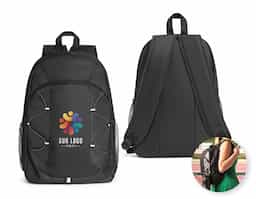 Mochila em 600D com detalhes em ripstop colorido. Bolso principal com zíper e bolsos laterais em tela mesh. Parte posterior e alças almofadadas. Contém diversos elementos refletores. Capacidade 16 L. 290 x 440 x 120 mm