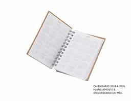Agenda diária 2025 com espiral, material kraft, capa dura. Contém aproximadamente 169 folhas, entre elas, páginas de dados pessoais, calendário 2024 a 2026, planejamento e aniversários do mês.