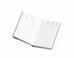 Agenda diária modelo 2026 de capa em kraft. Conta com páginas dedicadas para dados pessoais, calendários de 2025 a 2027, orçamento pessoal, planejamento mensal, espaço para anotações diárias e lista de contatos e aniversários.