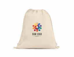 Sacola tipo mochila 100% algodão reciclado (180 g/m²), resistente e sustentável, com alças que também funcionam como fechamento prático. Ideal como brinde corporativo ecológico, combina durabilidade, funcionalidade e ampla área para personalização da marca.
