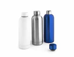 Garrafa de aço inoxidável (90% reciclado) com parede dupla e isolamento a vácuo. Acabamento metálico fosco para um toque sofisticado.