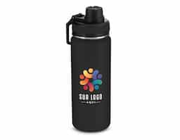 Garrafa térmica em inox com parede dupla com capacidade de até 570 ml. Tampa rosqueável, alça de plástico e anel de silicone para vedação. Pintura eletrostática.