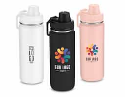 Garrafa térmica em inox com parede dupla com capacidade de até 570 ml. Tampa rosqueável, alça de plástico e anel de silicone para vedação. Pintura eletrostática.