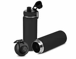 Garrafa térmica em inox com parede dupla com capacidade de até 570 ml. Tampa rosqueável, alça de plástico e anel de silicone para vedação. Pintura eletrostática.