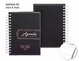 Agenda diária 2025 em couro sintético com wire-o, prática e elegante. Contém "bolso" plástico, página para dados pessoais, calendário de 2024 a 2026, mapas do Brasil e global, índice telefônico e planejamento. Ideal para quem busca organização e estilo no dia a dia.