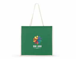 Sacola ecológica de juta, resistente e sustentável, com alças costuradas internamente para maior durabilidade. Ideal para compras e uso diário.