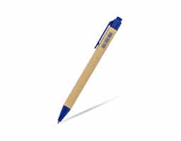 A caneta é feita de papelão, com detalhes plásticos que proporcionam um design simples e funcional. Possui carga esferográfica azul, garantindo uma escrita suave e de qualidade. O acionamento é feito por clique, oferecendo praticidade no uso diário. Ideal para quem busca um item de escrita acessível e eficiente.