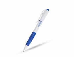 Caneta plástica com detalhes emborrachados, proporcionando maior conforto ao escrever. Possui carga esferográfica azul e acionamento por clique, sendo uma opção prática e eficiente para uso diário.