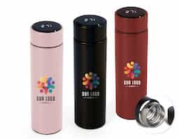 Garrafa térmica de parede dupla em inox, capacidade de 400ml. Tampa com display touch screen de temperatura em led, acompanha infusor de bebidas.