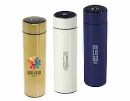 Garrafa térmica de parede dupla em inox, capacidade de 400ml. Tampa com display touch screen de temperatura em led, acompanha infusor de bebidas.
