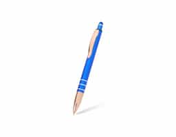 Caneta metálica com acionador touch, clipe metálico e ponteira plástica. Carga esferográfica azul 1.0mm e acionamento por clique.