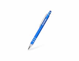 Caneta metálica com acionador touch, clipe metálico e ponteira plástica. Carga esferográfica azul 1.0mm e acionamento por clique