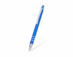 Caneta metálica com acionador touch, clipe metálico e ponteira plástica. Carga esferográfica azul 1.0mm e acionamento por clique