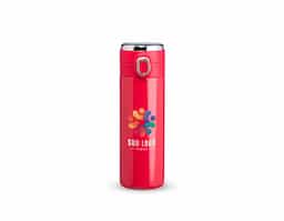 Garrafa térmica em inox 304 com parede dupla, com capacidade de 400ml. Possui tampa com botão de acionamento e área superior para personalização, além de película protetora para evitar arranhões.