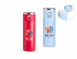 Garrafa térmica em inox 304 com parede dupla, com capacidade de 400ml. Possui tampa com botão de acionamento e área superior para personalização, além de película protetora para evitar arranhões.