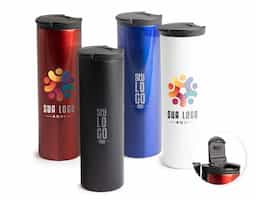 Copo térmico de inox com capacidade de 500ml. Possui base de EVA antiderrapante, tampa plástica com bocal e trava de segurança para evitar vazamentos.