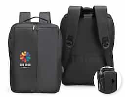 Mochila de poliéster com capacidade de 21 litros, ideal para trabalho ou escola. Possui alças ajustáveis, dois compartimentos, sendo um principal com divisórias, entrada USB e espaço para notebook de até 14". Conta ainda com bolso extra com zíper e engate para mala de viagem.