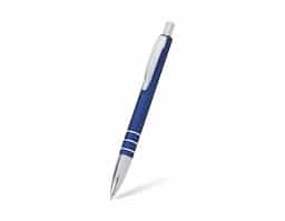 Caneta metálica com acabamento fosco, clipe metálico e ponteira plástica. Carga esferográfica azul 1.0mm e acionamento por clique.