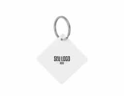 Chaveiro de acrílico em formato quadrado, frente, verso liso. Possui prendedor de plástico que conecta a argola metálica.