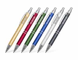 Caneta metálica com acabamento sofisticado, escrita esferográfica azul e acionamento prático por clique. Ideal para uso corporativo, brindes personalizados ou o dia a dia com estilo e funcionalidade.