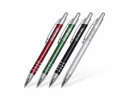 Caneta metálica com acabamento refinado e detalhes em cristal que conferem um toque de sofisticação. Possui carga esferográfica azul e acionamento por clique, unindo elegância e praticidade em um único acessório. Ideal para brindes corporativos ou uso pessoal com estilo.