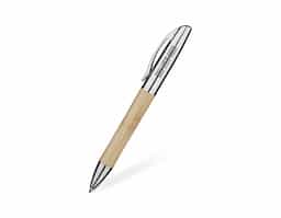 Caneta com corpo em bambu e detalhes em metal, que une sustentabilidade, elegância e resistência. Possui escrita suave, ideal para uso diário, brindes ou ações promocionais. Seu design ecológico transmite cuidado com o meio ambiente, sendo uma excelente opção para valorizar sua marca de forma consciente.