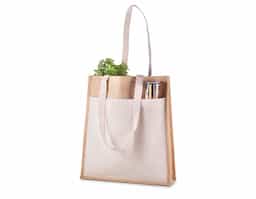 Sacola ecológica em juta 360g/m² com bolso frontal e alças em algodão cru. Base reforçada e acabamento rústico para brindes sustentáveis e versáteis.