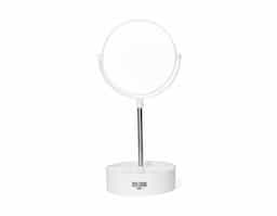 Espelho de mesa dupla face giratório com design moderno e funcional. Com base e moldura de plástico e pedestal de alumínio, ele é fácil de montar e adequa-se bem a qualquer ambiente. Sua base contém três divisórias para guardar objetos diversos.