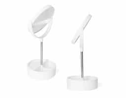 Espelho de mesa dupla face giratório com design moderno e funcional. Com base e moldura de plástico e pedestal de alumínio, ele é fácil de montar e adequa-se bem a qualquer ambiente. Sua base contém três divisórias para guardar objetos diversos.