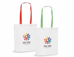 Sacola em non-woven (80 g/m²) termo-selado com alças de 55 cm. 330 x 390 x 80 mm