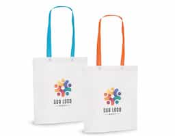 Sacola em non-woven (80 g/m²) termo-selado com alças de 55 cm. 330 x 390 x 80 mm