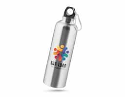Squeeze esportiva em aço inox de parede simples. A tampa tem um mosquetão que facilita seu transporte ou pode ser pendurado numa mochila. Capacidade até 820 mL. Caixa branca 94657 vendida opcionalmente. Certificação EU Food Grade.