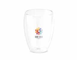 Copo em vidro borossilicato com parede dupla, isolada a ar. Capacidade até 350 mL. Fornecido em caixa presente personalizável. Certificação EU Food Grade.